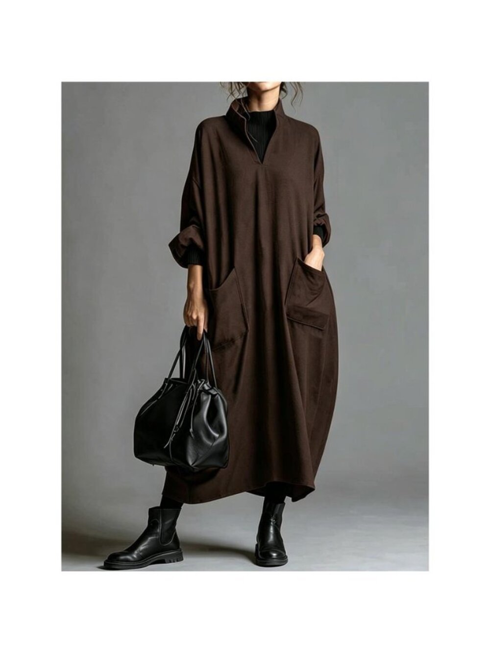 Full Size Loose-Fit Mock Neck Midi Dress with Pockets Plus Size